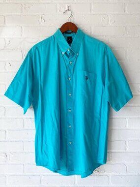 90s vintage blue short sleeved button up 100% cotton size large